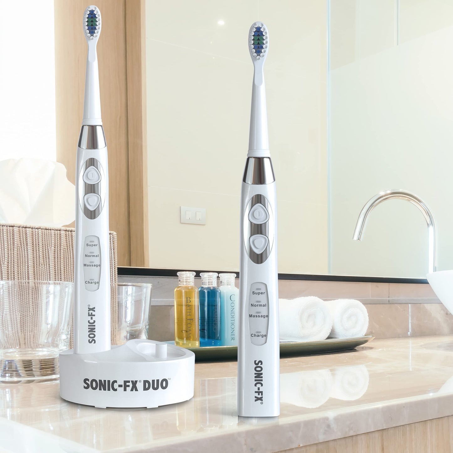 Sonic-FX Duo Rechargeable Electric Toothbrush Set - with 14 Brush Heads, 3 Modes, Smart Auto-Timer, Charging Dock Holder - Dual Handle Electric Tooth Brush for Adults & Kids, Black and White
