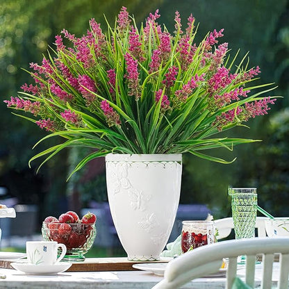 12 Bundles Artificial Plants Outdoor, 18.2" UV Resistant Faux Monkey Grass Greenery Stems No Fade Faux Plastic Flowers Shrubs for Home Weddings Garden Porch Front Patio Office Decor - Rose Red