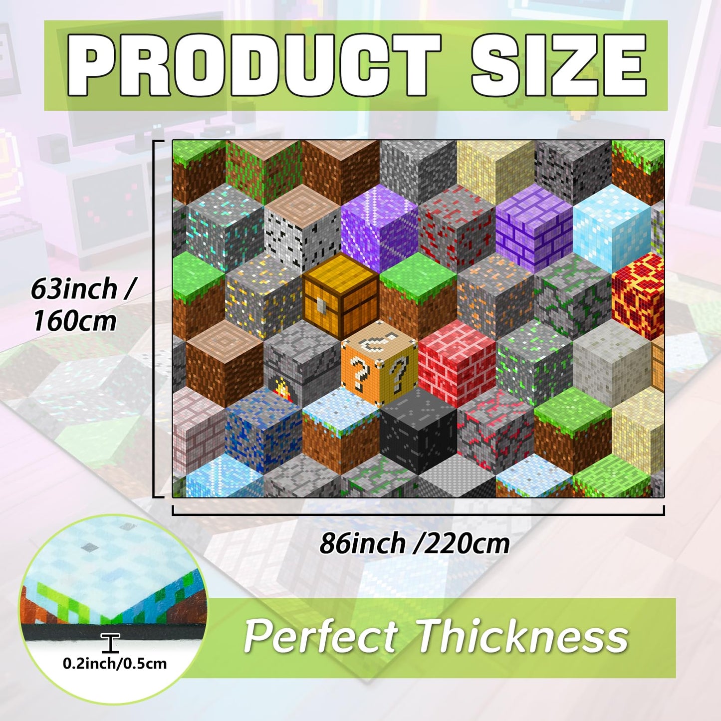 Block Game Rug Teen Boys Carpet with Pixel Games Element Decoration Mat, Cube Block Game Rugs for Boy’s Bedroom Living Room Playroom, Non-Slip Children Gaming Area Rugs (86" x 63")