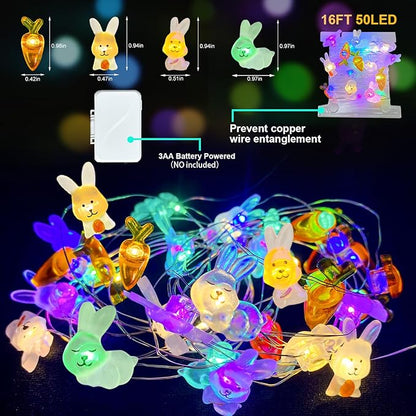 Easter Decorations Bunny Carrot String Lights, 16 ft 50 LED Spring Rabbit Lights for Lawns Garden Outdoor Holiday Party Easter Basket Stuffers (2 Pack)