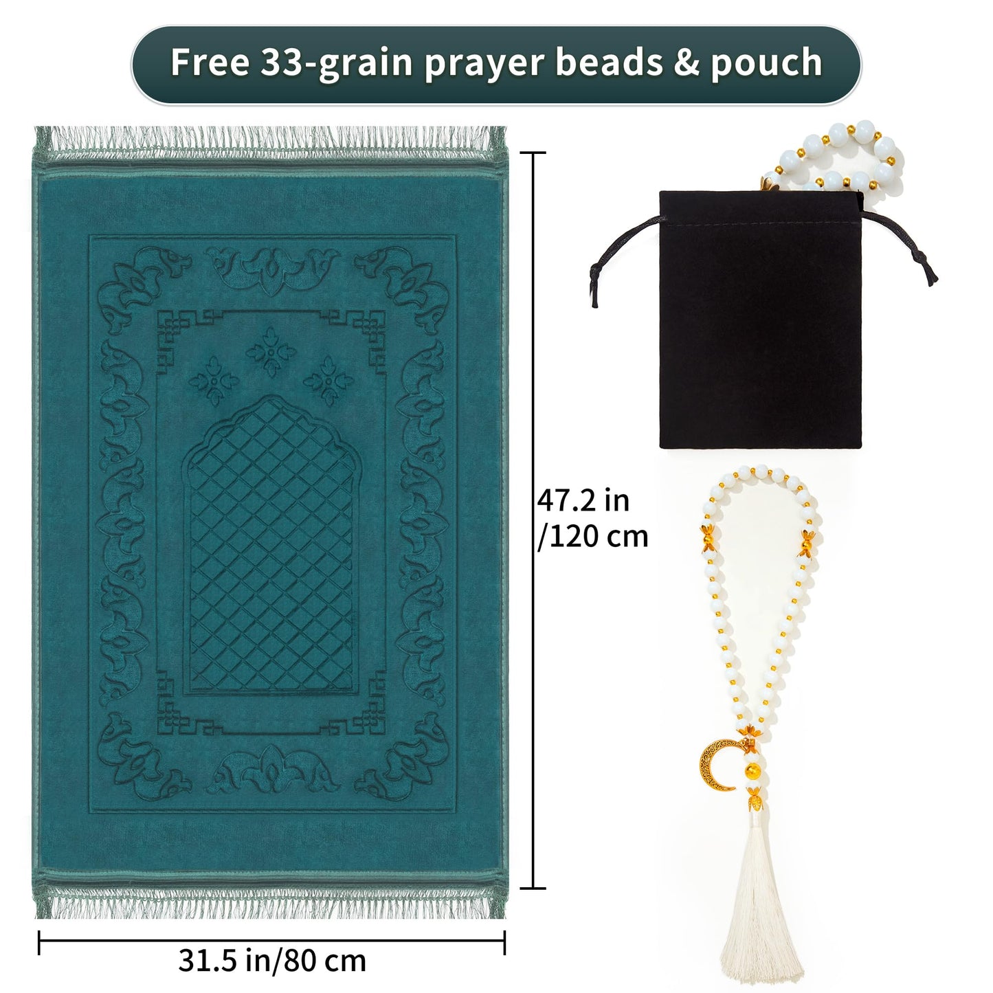 YAZEIN Muslim Prayer Rug with Tasbih Prayer Beads, Soft Large Prayer Matt Islam, Padded Islamic Prayer Mat Thick for Men and Women, Janamaz, Sajadah (Green)