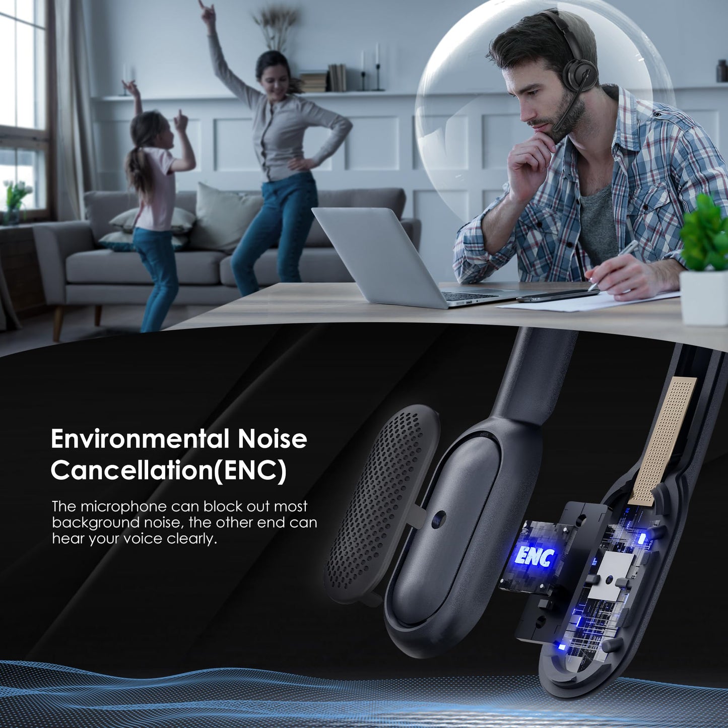 Upgrade ANC & ENC Headset with Microphone for PC, Wireless Headset with Mic for Work(Flip-to-Mute & USB Dongle), Bluetooth 5.4 Noise Cancelling Headphones with Mic for Call Center/Home/Computer/Phones