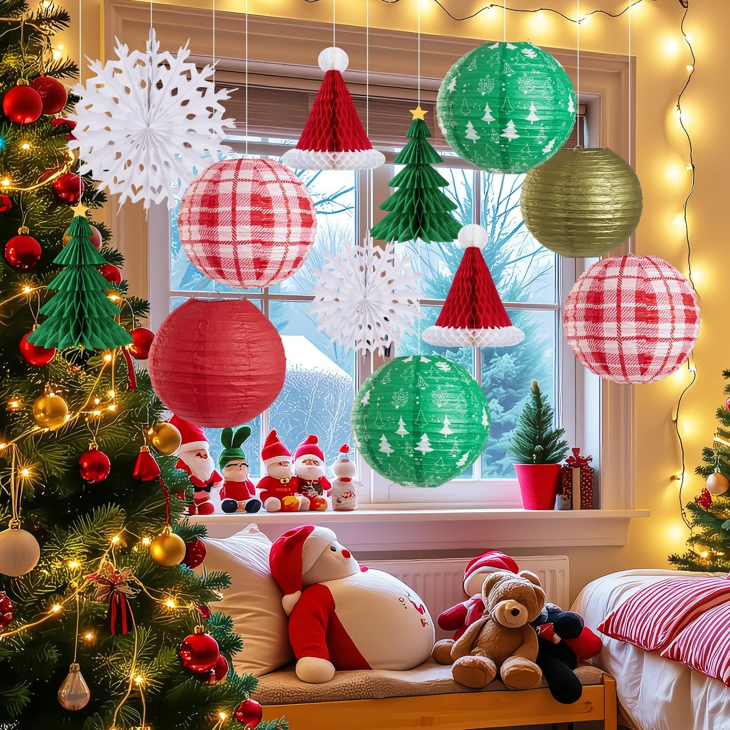 OBBOLO Christmas Hanging Decorations, 12 PCS Paper Lanterns, Honeycomb Christmas Trees, Hanging Paper Fans, Red Green Gold White Holiday Party Supplies for Home Xmas Holiday Party