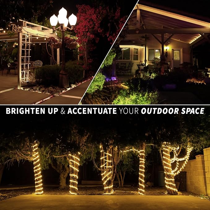 WYZworks 20ft 216 LED Rope Light, Connectable Waterproof Permanent Outdoor Clear PVC Tube, ETL Certified, Christmas Trees Holiday Decorative Landscape Backyard Patio Accent Decor Lighting - Warm White