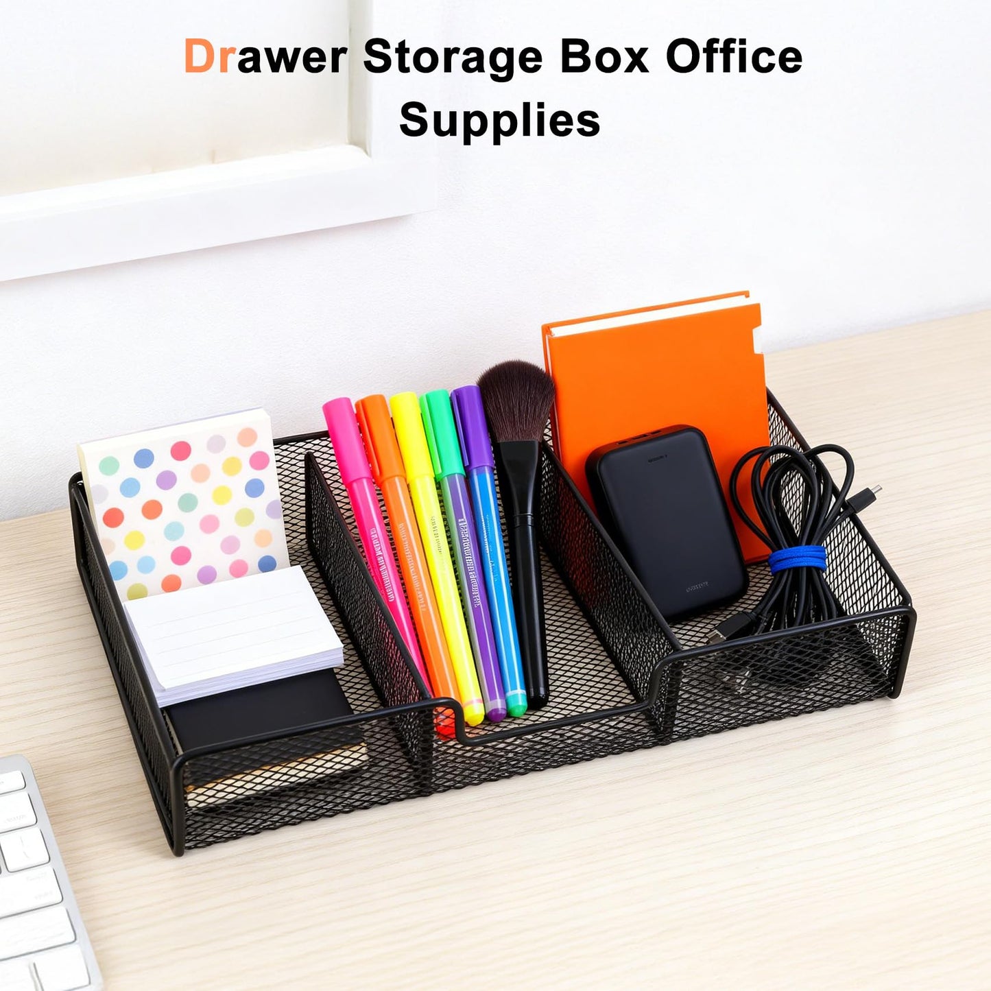 Desk Drawer Organizer Tray, Office Junk Drawer Organizer with 3 Compartments, Metal Mesh Dividers Pen Pencil Storage Box for Office Supplies Desk Accessories Workspace School Cosmetic Organization