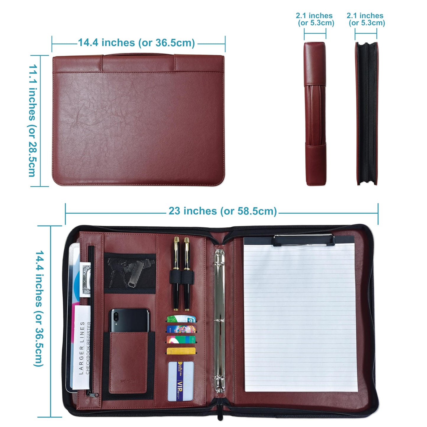 WEYEAH Faux Leather 3 Ring Portfolio Binder With Handle, Business Padfolio for Men & Women, Zippered Document Organizer for Home & Office Use, Including Clipboard, Notepad and Sheet Protectors (Brown)