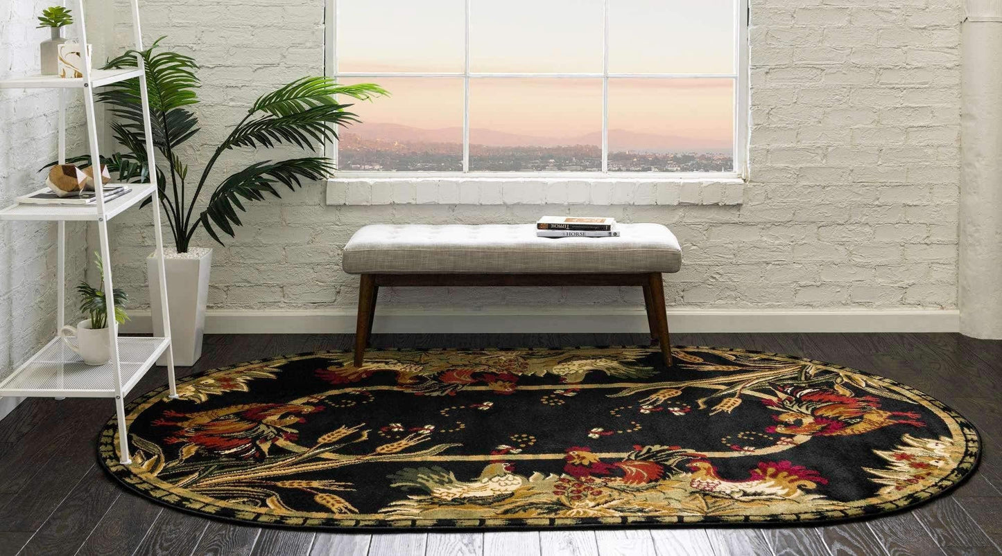Unique Loom Barnyard Collection Area Rug - Farm (3' 3" x 5' 3" Oval, Black/ Cream)