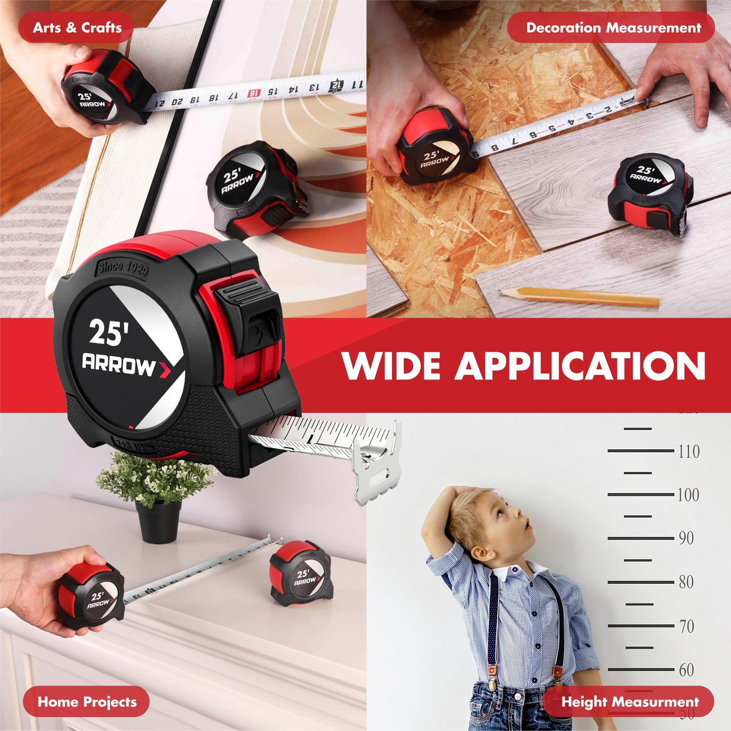 Arrow 25FT Tape Measure, 2PCS Easy Read Measuring Tape with Dual Locking System, Double Sided Measurement Tape with 1.25″ Blade, Belt Clip, Dual-End Metal Hook, and Rubber Protective Casing