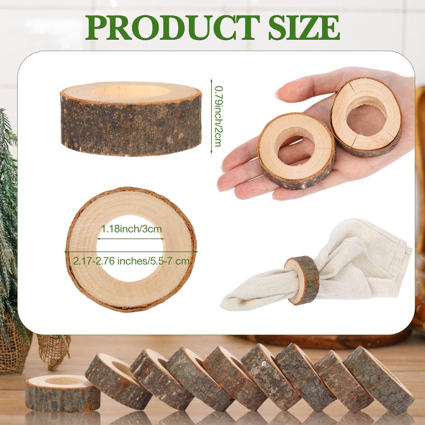 LemonRoad Set of 100 Wooden Napkin Ring Handcrafted Wooden Napkin Holder Rustic Dinner Ring Buckle Party Gift Farmhouse Table Decoration for Dining Wedding Birthday(Bark Style,2.17-2.76 Inches)