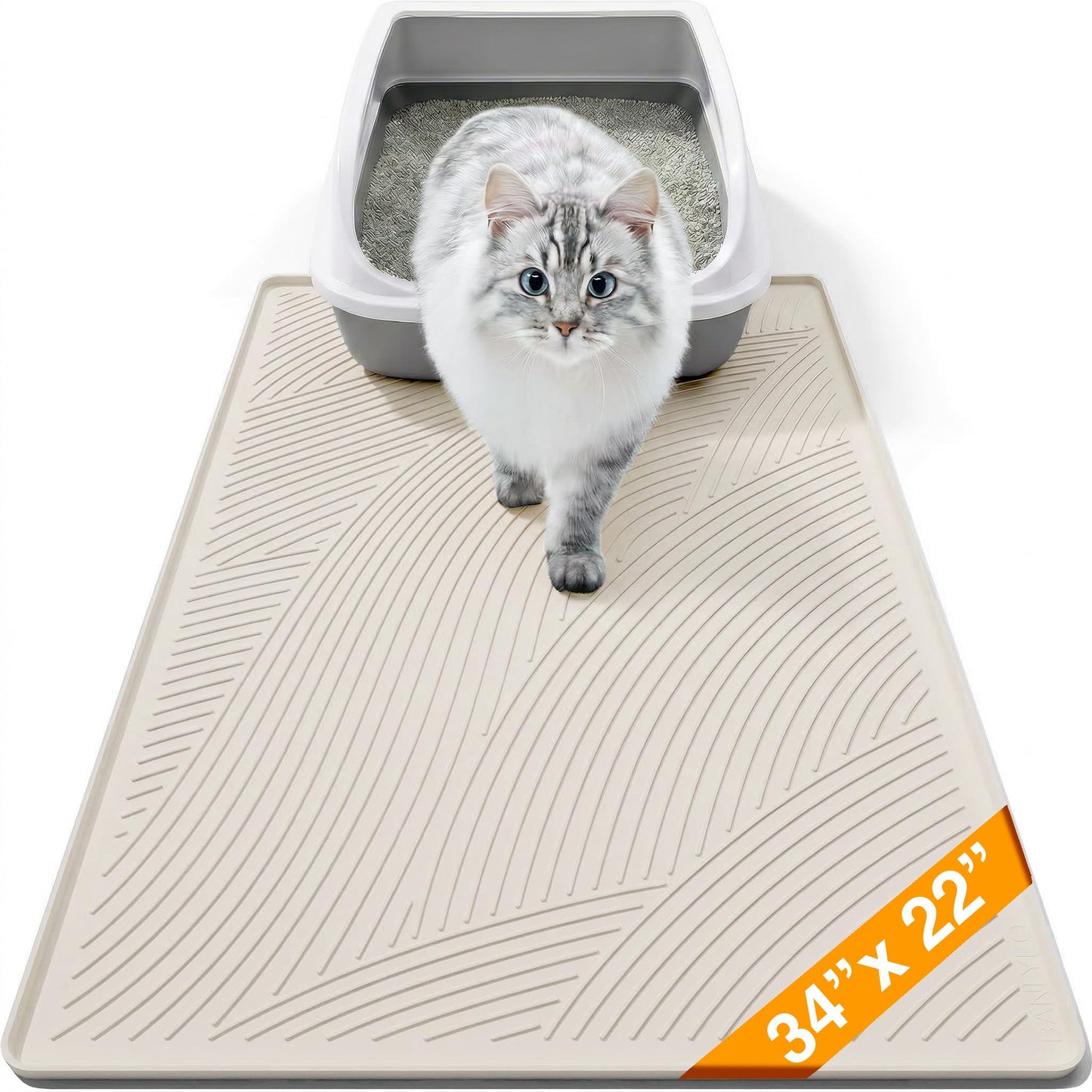BANLYEO Cat Litter Box Mat - L Large Size 34 x 22 in, Water Proof, Kitty Litter Trapping Mat, Easy to Clean, Scatter Control, Odorless, Pet Supplies for Indoor Cats, Warm Beige