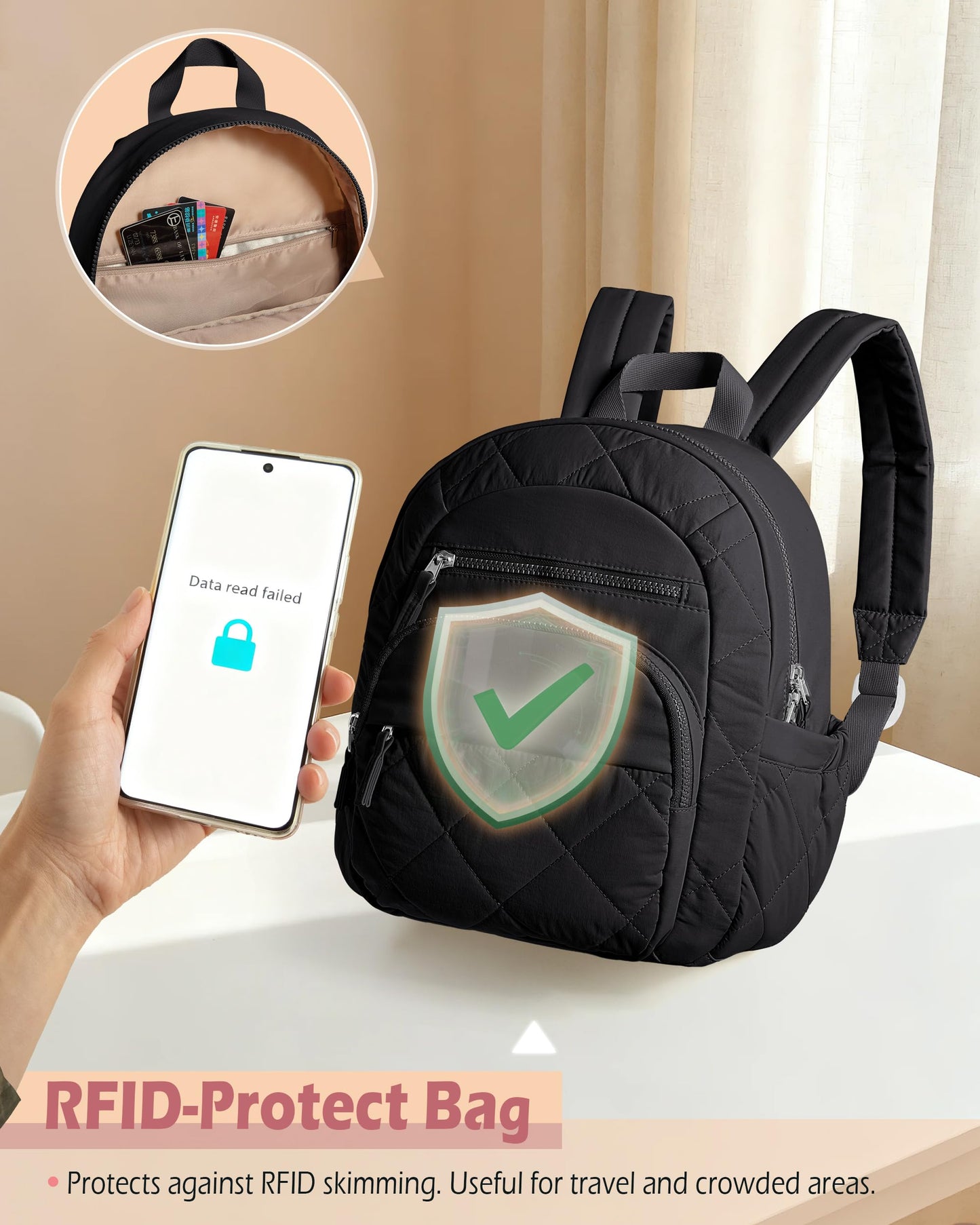 Smasrob Women Mini Backpack with RFID Blocking Pocket, Small Puffer Backpack Purse, Lightweight Quilted Backpack for Work, College or Travel, Beige