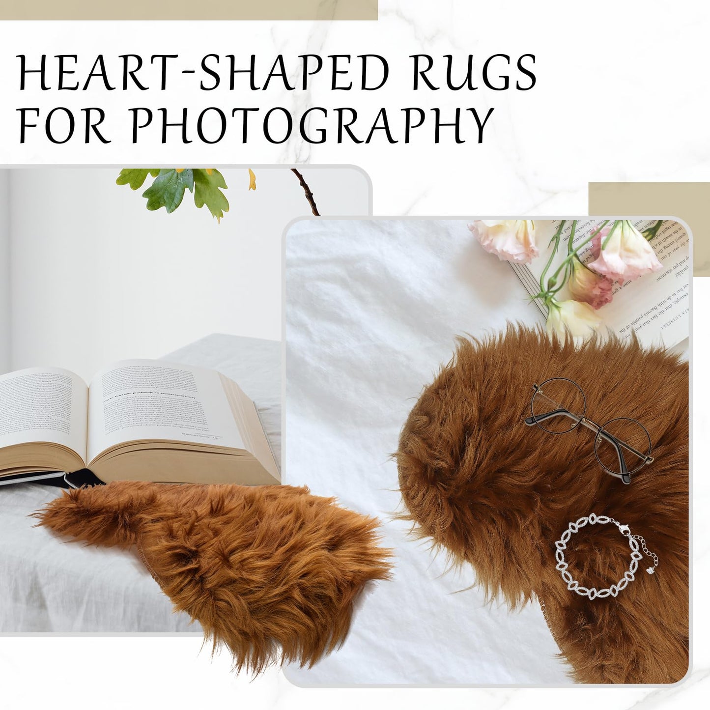 Luomorgo 2 Pcs Heart Shaped Faux Fur Rugs Small - 12x16 Inch Fluffy Plush Area Carpets for Locker, Tabletop & Nail Art Photography, Jewelry Photo Props Background (Brown)