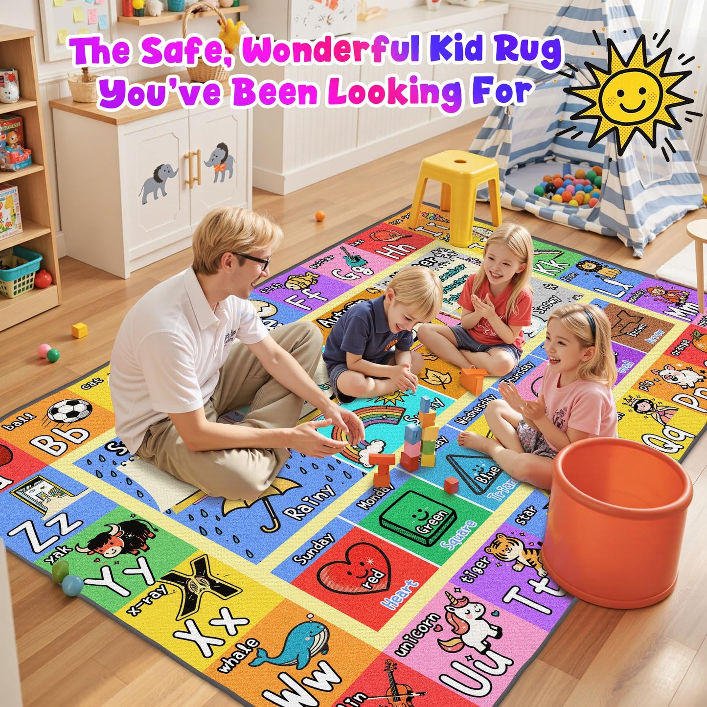 ABC Kids Playroom Rug 3x5 - Soft & Non-Slip Educational Play Mat, Preschool Classroom, Daycare Rug with ABCs, Colors, Shapes, Seasons, Washable Playmat for Toddler Nursery & Kids Room (36x60 Inch)