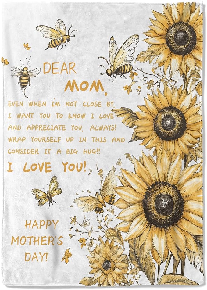 Mother's Day Fleece Blanket - 60x80in Mom from Daughter Son Birthday Heartfelt Message Sunflower Throw Blankets,Soft Cozy Lightweight, Ideal for Living Room Home Decor and Women Gifts