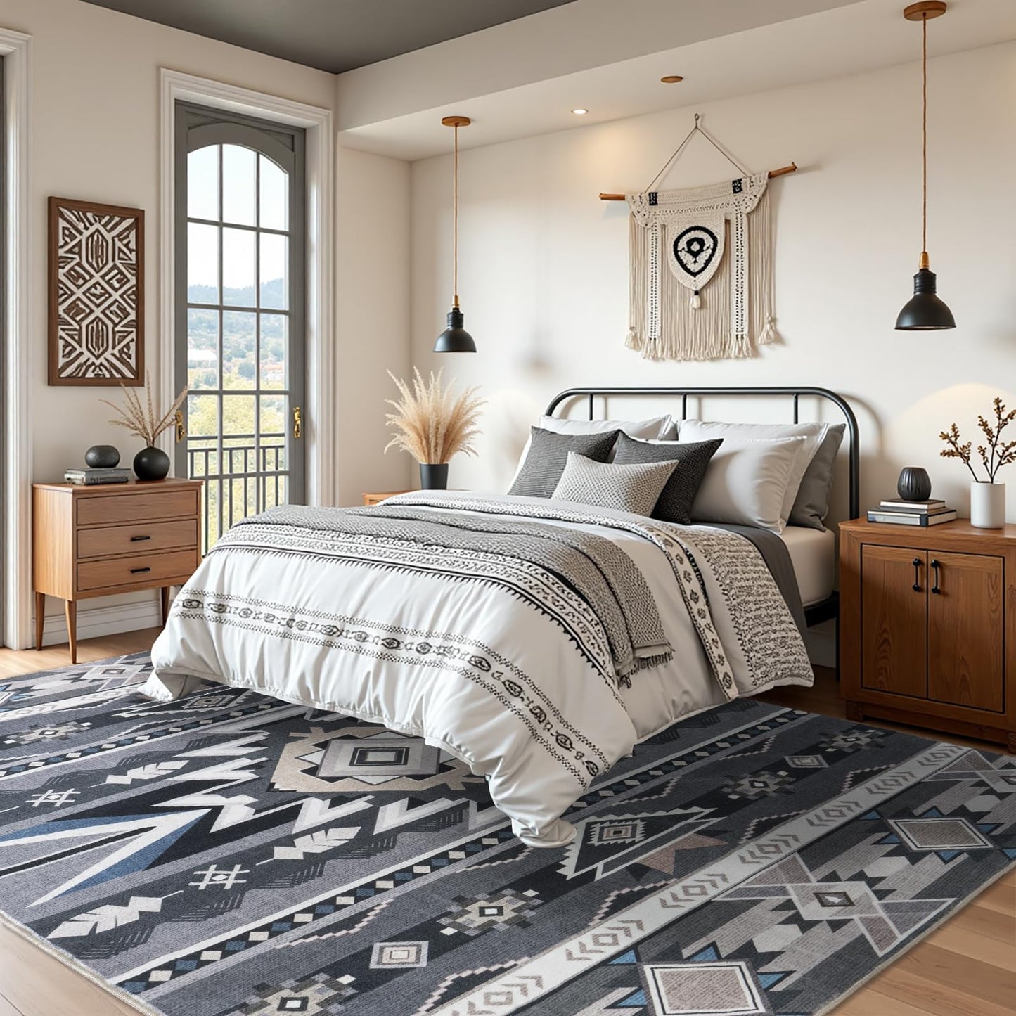 Western Rug for Living Room, 6x9 Non Slip Low Pile Aztec Rug for Bedroom, Dining Room Rugs for Under Table, Office, Large Machine Washable Area Rugs, Grey