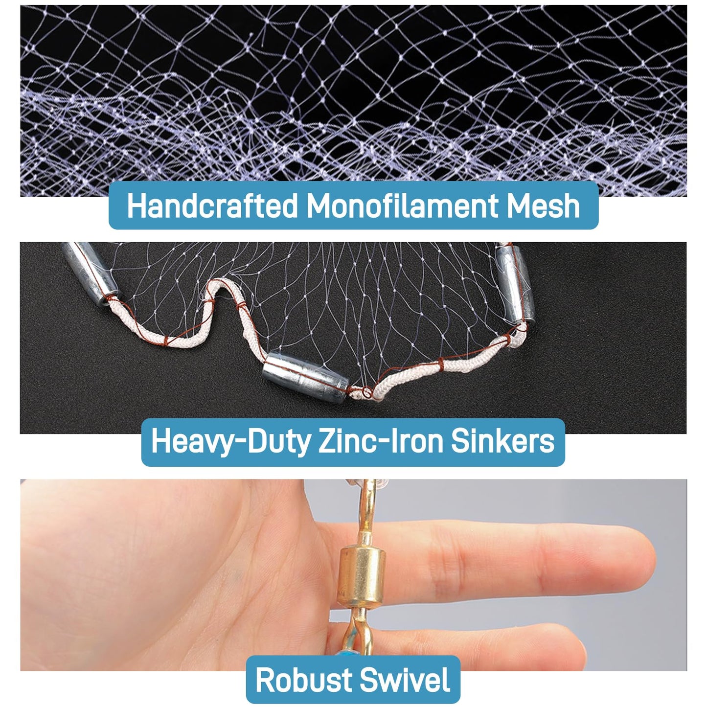 Handmade American Cast Net, Yeahmart Casting Fishing Net for Bait Trap Fish, Throw Nets with Zinc Sinker Weights Fishing Bucket for Freshwater & Salt Water (4 Ft, 1/2 Inch Mesh Size)