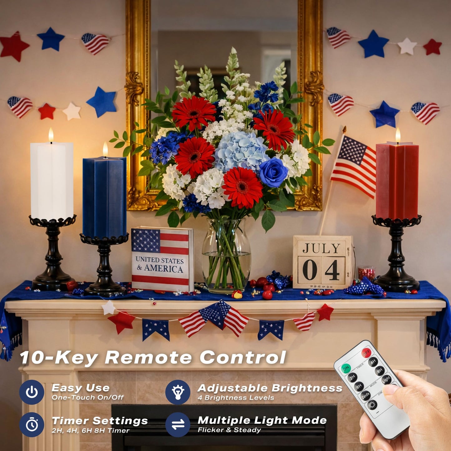 4th of July Flameless Candles with Remote, Red White and Blue Patriotic LED Candles, Battery Operated Star Shaped Decorative Candles for Independence Day Home Party Decor, Set of 3