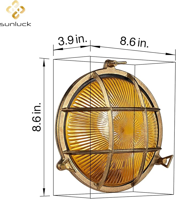 Sunluck Brass Bulkhead Light Grid Round Nautical Wall Lampshade,Ceiling Mount,Sauna Light Waterproof IP54,Rust Resistant,Decoration Cafe,Bar,Porches,Patios,Restaurants