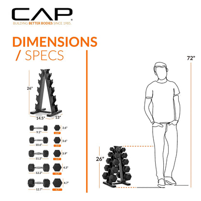 CAP Barbell Rubber Coated Dumbbell Weight Set with Vertical Rack | 100 lb, 150 lb, and 210 lb Options