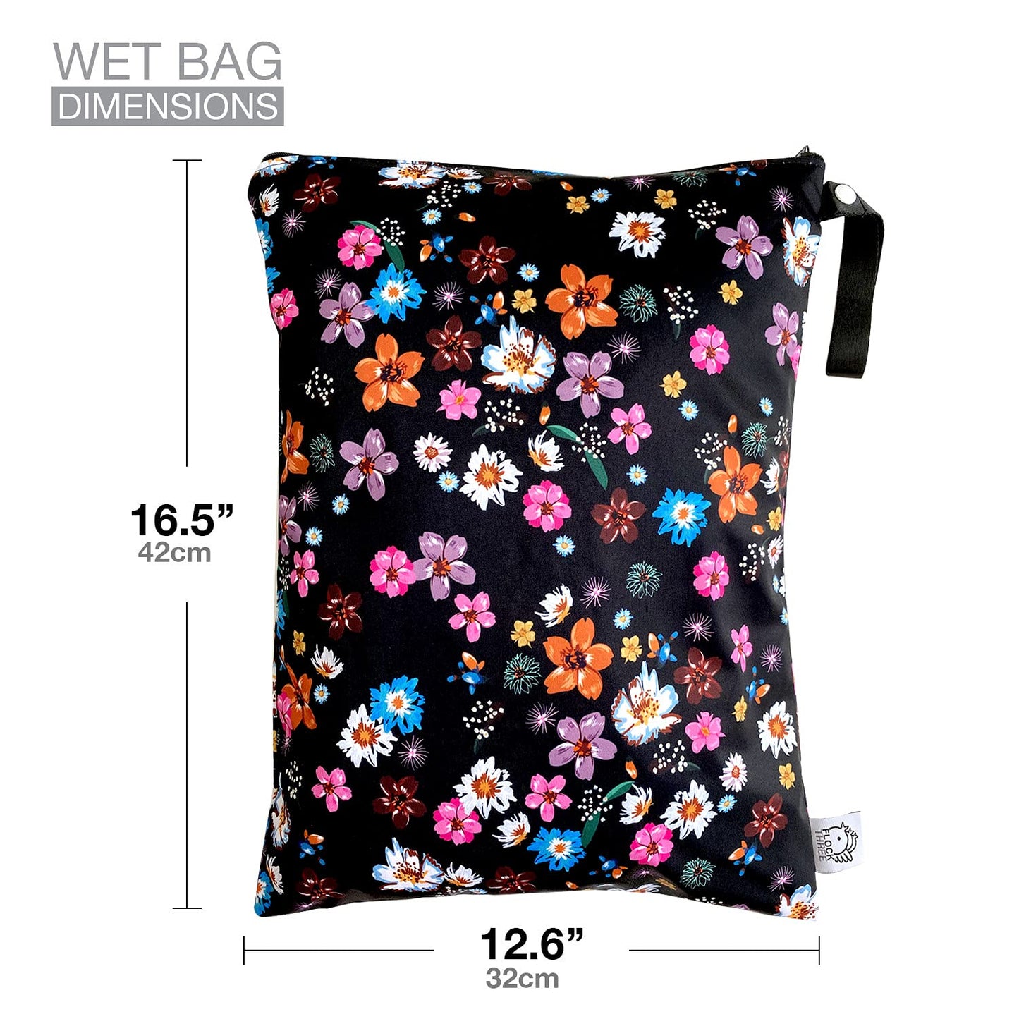 FLOCK THREE Washable and Reusable Wet Bag Diaper Bag Water Resistant Swimming Bag Pouch, Yoga Gym Bag Floral Print, 12.6'' x 16.5''