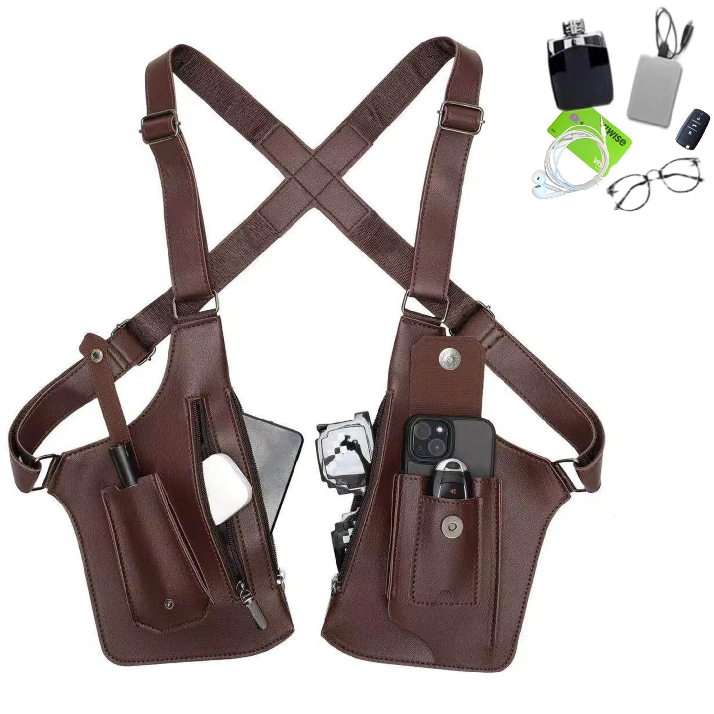 Tactical Double Shoulder Armpit Bag,Anti-Pickpocket Hidden Strap Wallet,Adjustable Leather Armor Crossbody Pack Multi-Pocket (Brown)