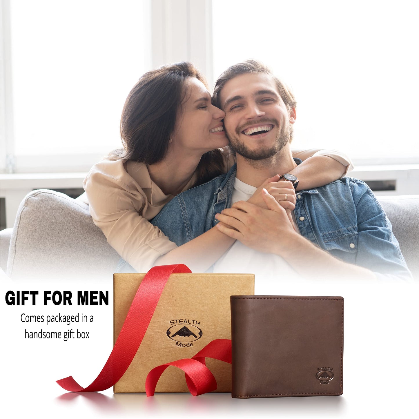 Stealth Mode Leather Bifold Wallet for Men - RFID Blocking, 11 Card Slots, Gift Box