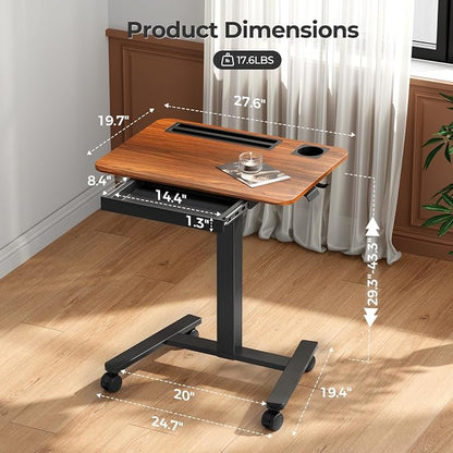Mobile Standing Desk with Drawer, 28" Rolling Desk with Cup Holder and Hooks, Portable Laptop Workstation on Wheels, Height Adjustable Cart with Storage for Home Office, Dark Wood