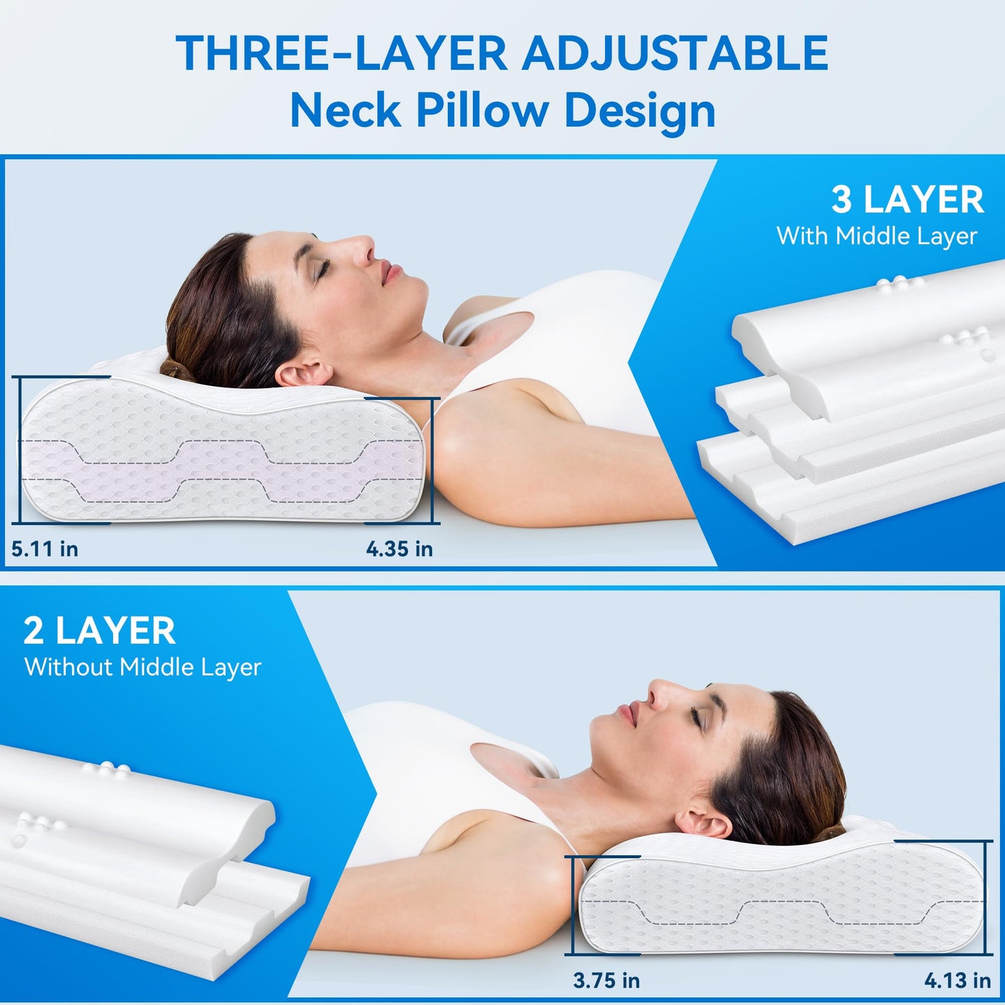 Cervical Neck Pillow for Pain Relief- Queen Size Cooling Pillow for Sleeping, Memory Foam Pillows for Neck Shoulder, Ergonomic Adjustable Contour Bed Pillow for Side, Stomach & Back Sleepers