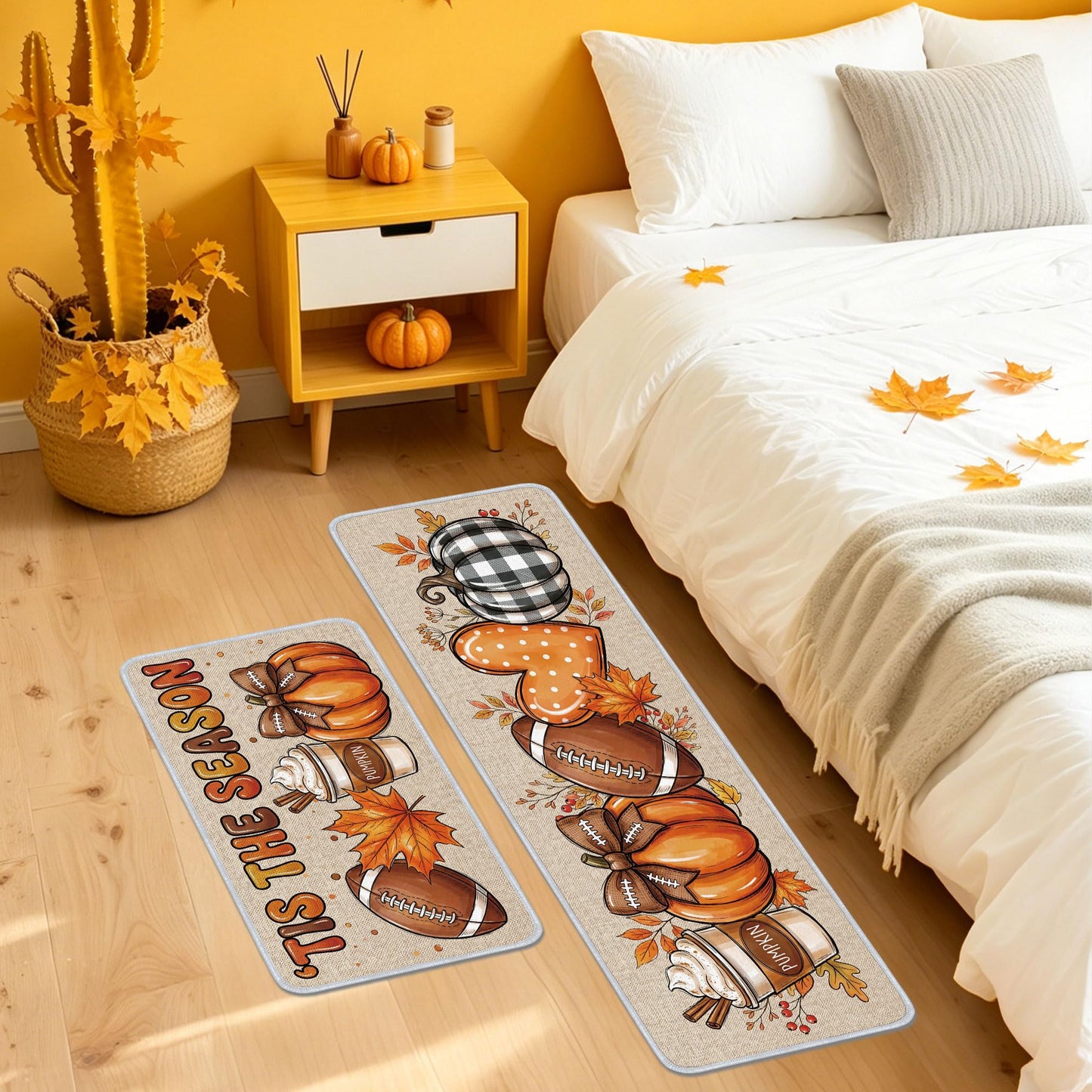Romart 2 Pcs Fall Kitchen Rugs, Football Kitchen Runner Rug and Door Mat, Fall Kitchen Seasonal Decor for Home Kitchen Dining Room