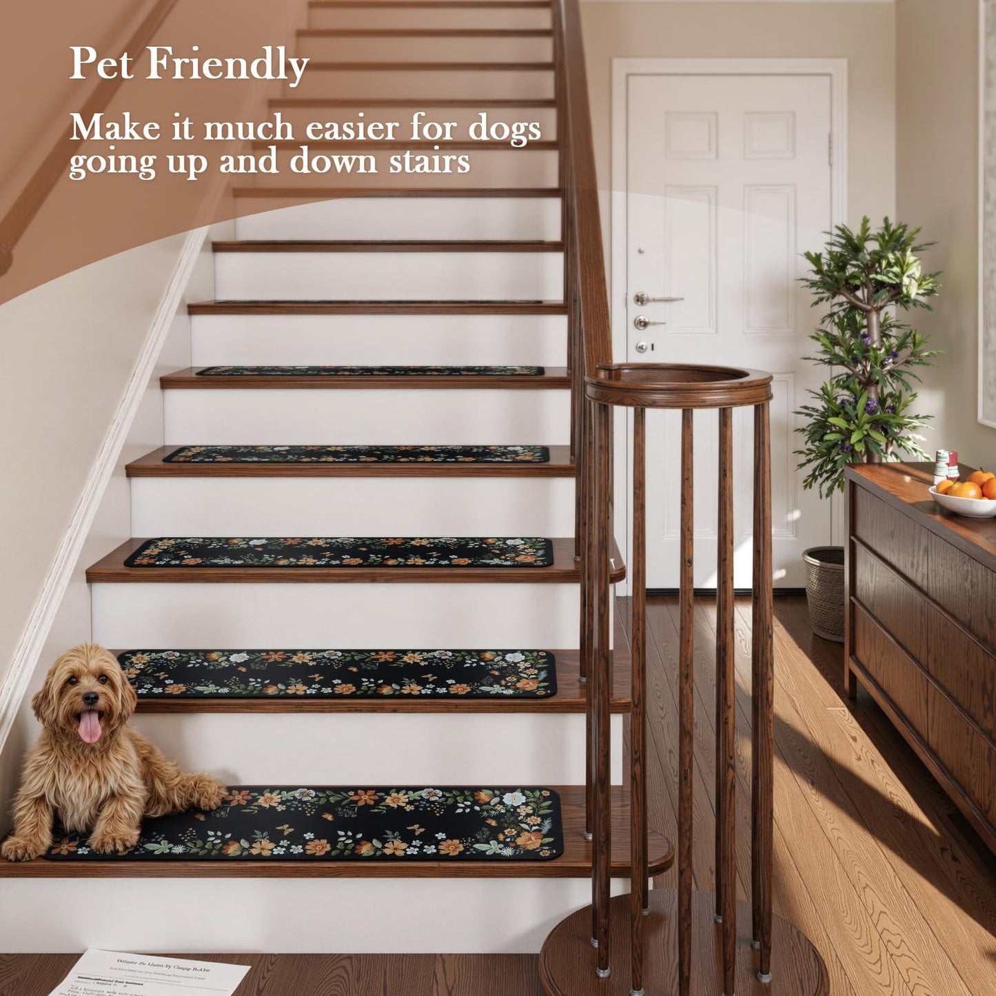 OJIA Floral Stair Treads Non-Slip Carpet Stair Treads for Wooden Steps Indoor 15PCS 30"x8" Stair Runner Stair Mats Staircase Step Treads for Kids, Elders and Dogs, Stair Covers, Black