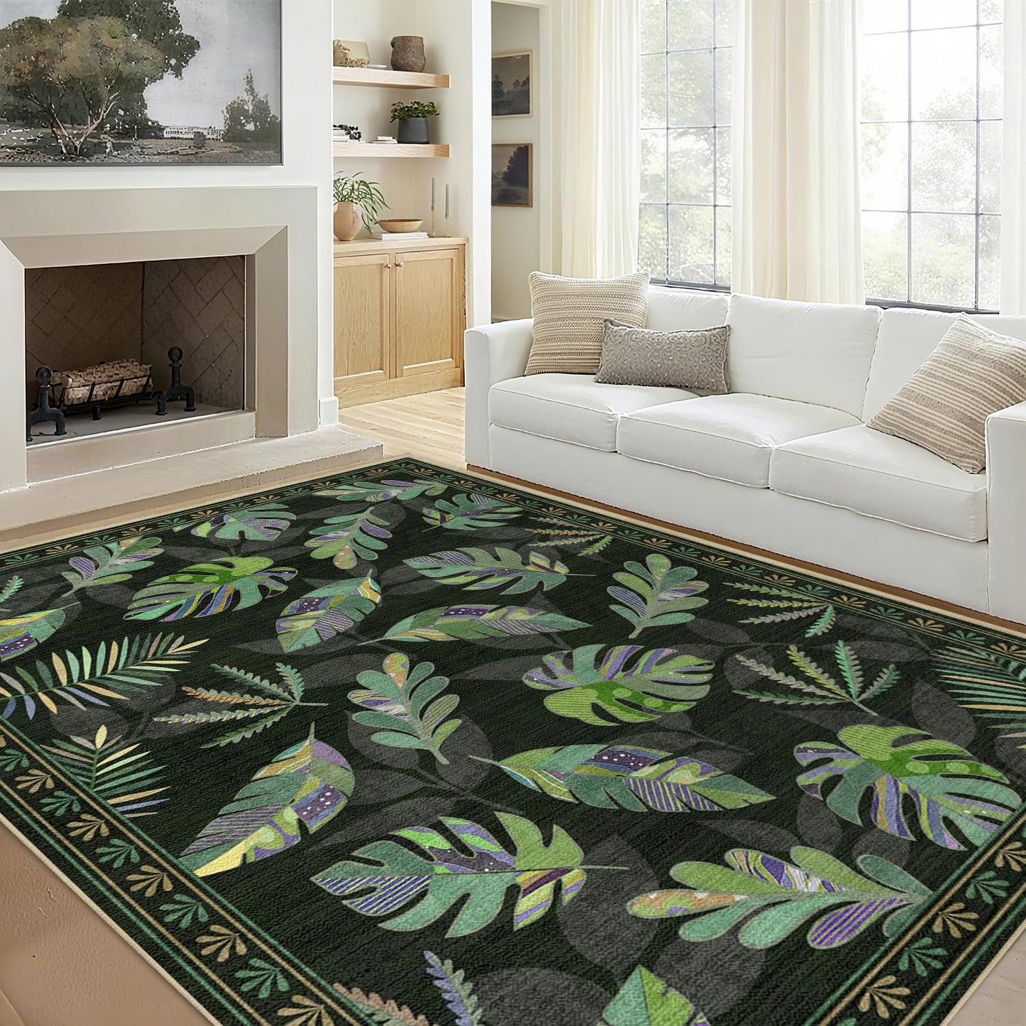 Large Area Rug 5x7 Monstera Rug Living Room Sage Green Leaf Rugs Machine Washable Tropical Botanical Rug Non Slip Printed Low Pile Indoor Floor Carpet for Dining Room Bedroom Office,Green