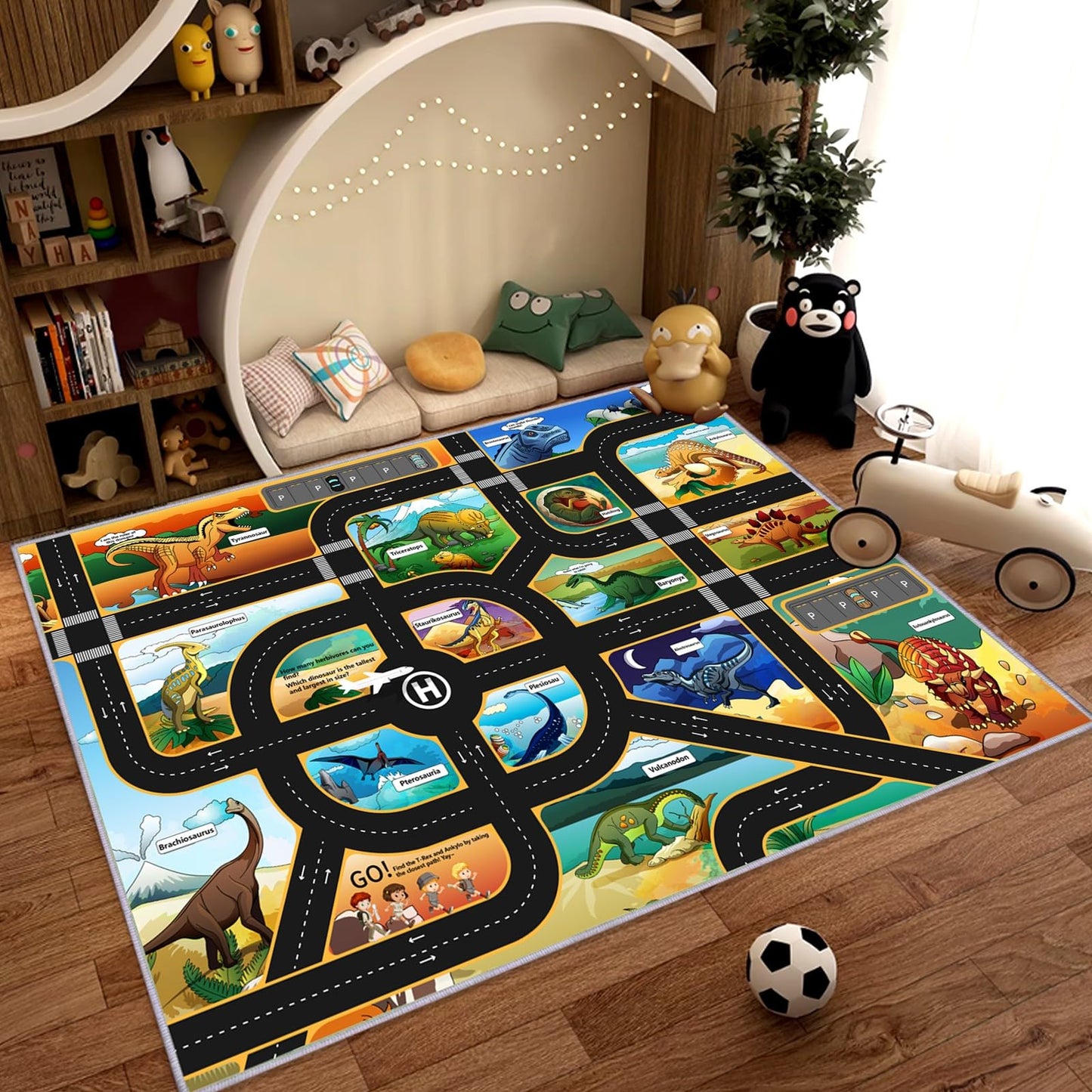 CLAILEIRS Cartoon Dinosaur Rug, Washable Dinosaur Mat with Road, Dino Play Mat Carpet for Boys Bedroom, Playroom (47"×71")