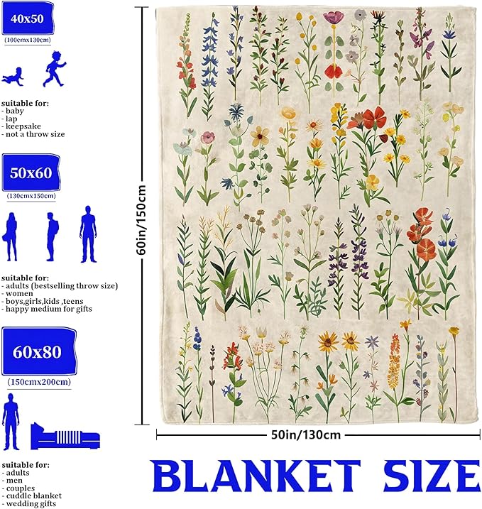 Wildflower Botanical Throw Blanket for Boys Girls Kids Adults Women, Fuzzy Warm Soft Cozy Flannel Blankets Gifts for Bedroom, Couch, Travel, Home Decor 60x80 in
