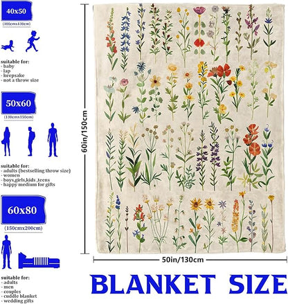 Wildflower Botanical Throw Blanket for Boys Girls Kids Adults Women, Fuzzy Warm Soft Cozy Flannel Blankets Gifts for Bedroom, Couch, Travel, Home Decor 50x60 in