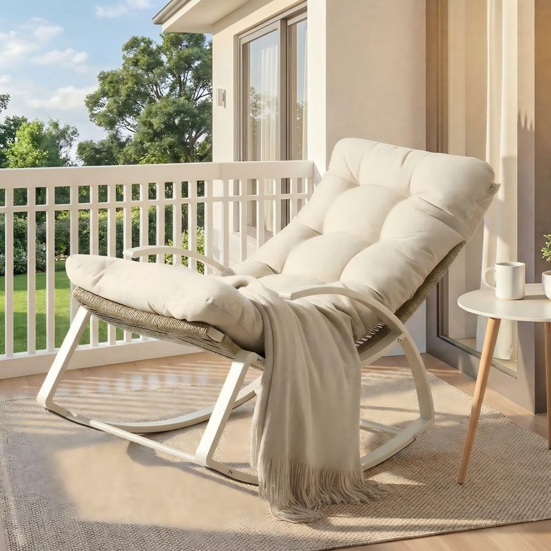 IRONCK Outdoor Rocking Chair with Armrest and Cushion, Patio Rocking Chair, 480lbs Capacity, Handwoven Twisted Rattan Rocker for Garden, Living Room, Balcony, Beige