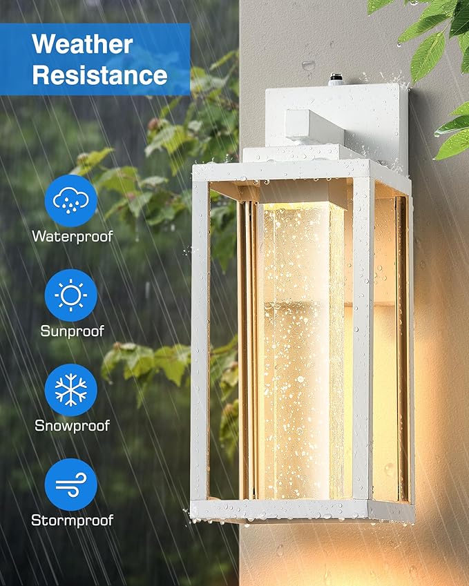 VIANIS White Exterior Lighting Fixtures for House, Large Dusk to Dawn Outdoor Wall Sconce Lantern for Porch, Outdoor Garage Lights Wall Mount with Integrated 10W LED Light Source Crystal Bubble Glass
