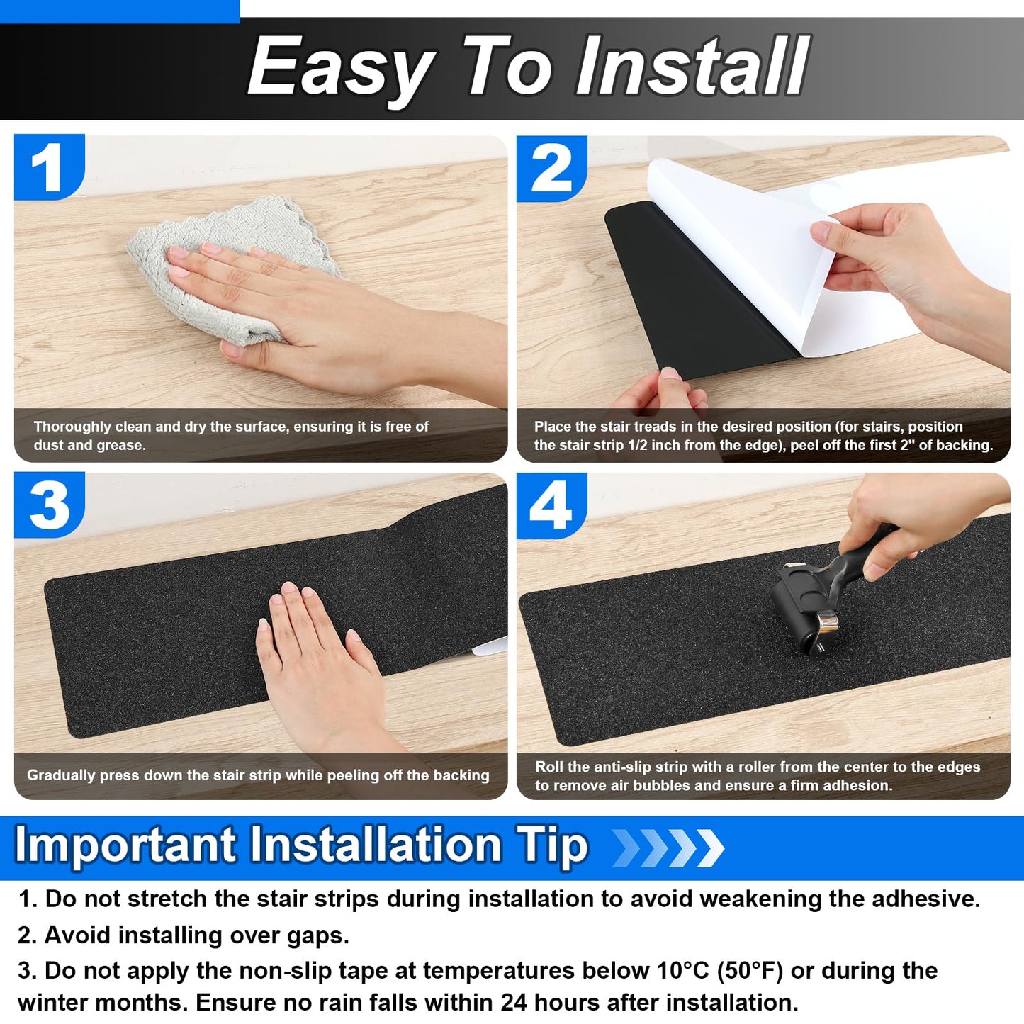 SMILOOL Outdoor Stair Treads Non-Slip Step Strips for Wooden Steps 5 Pack 6” x 24” Anti Slip Grip Tape Precut for Outside Stairs, Non Skid Stair Tread Mats Weather Resistant for Outdoors, Black