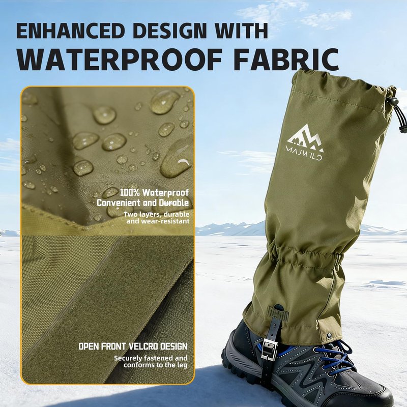 MAJWILD Adjustable Leg Gaiters, Waterproof Snow Boot Gaiters for Men Women with Hiking, Walking, Hunting, Snowshoeing, Climbing (Olive Green, X-Large)