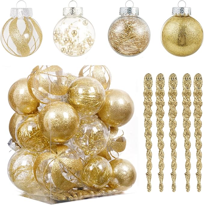 XmasExp 32ct Christmas Ball Ornaments Set -Gold Clear Plastic Shatterproof Xmas Tree Ball Decorations Hanging Baubles for Holiday Decor