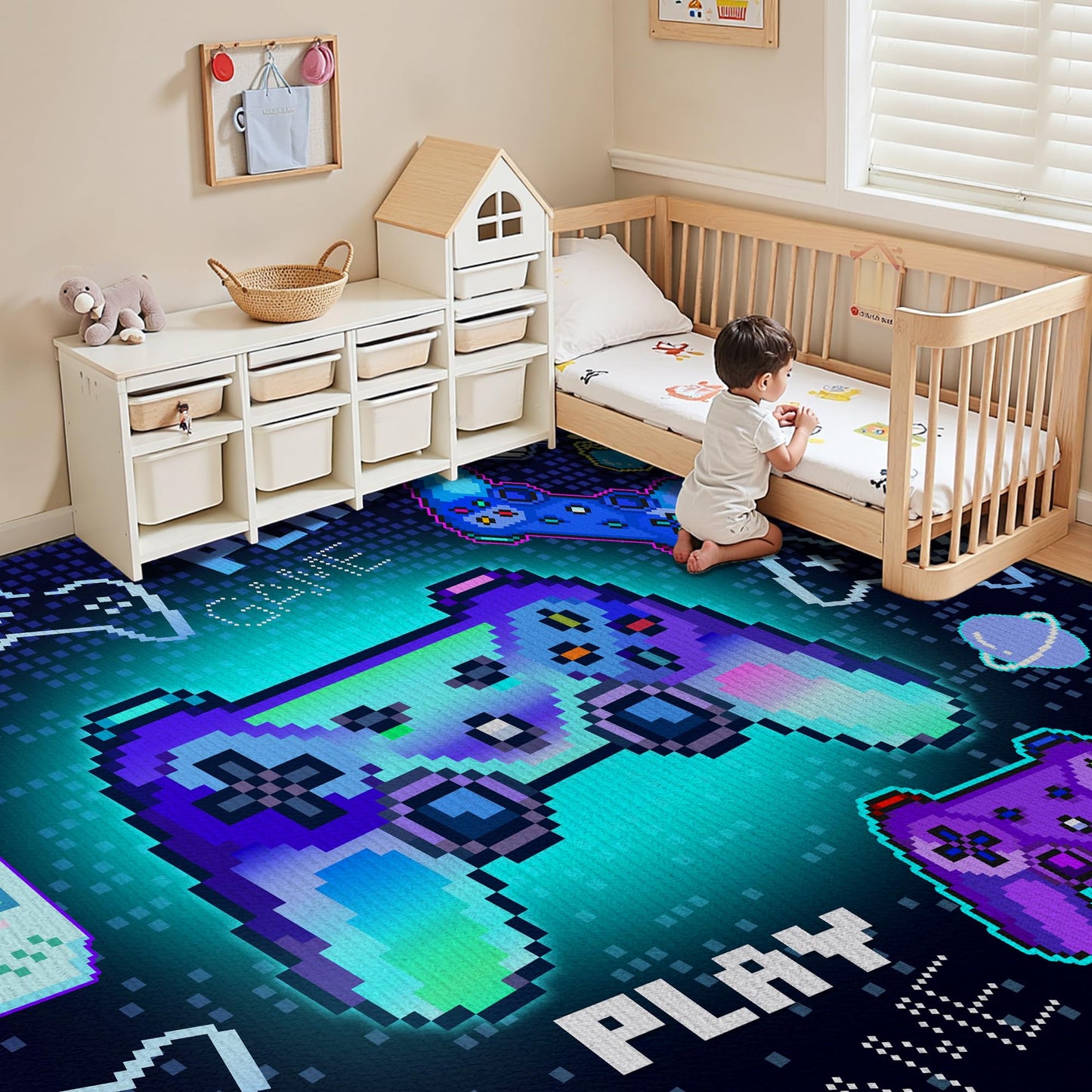 Didswuit Gaming Play Rug for Bedroom, 5'x 6'6" Whimsical Game Controller Mat Pixel Gamepad Carpet for Playroom, Gamer Décor for Game Lover Washable