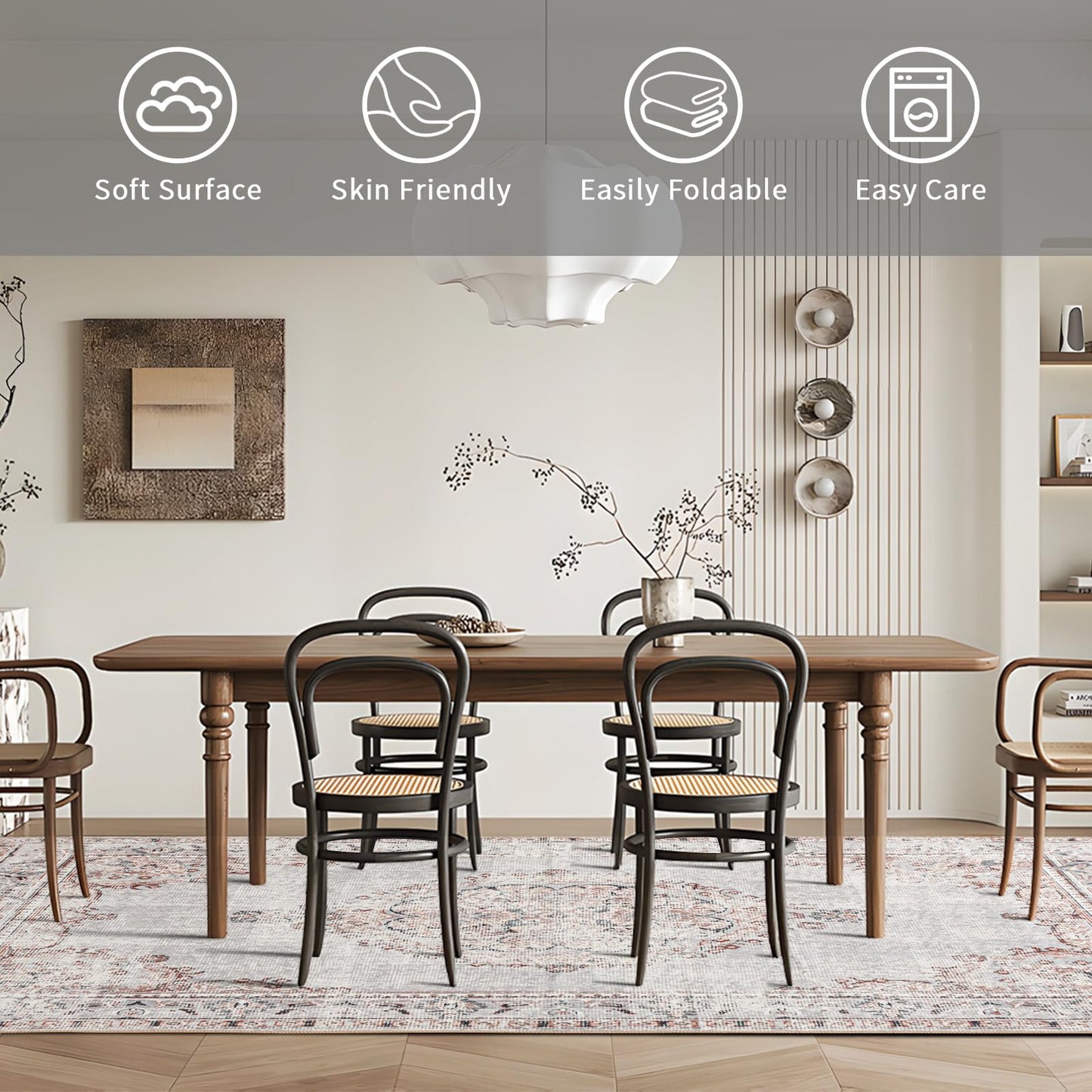 Easy-Going Area Rug 6x9 Washable Boho Rugs for Living Room Non-Slip Bedroom Rug Low Pile Lightweight Vintage Distressed Throw Rug for Dining Room Kitchen Home Office Carpet, Grey Brick