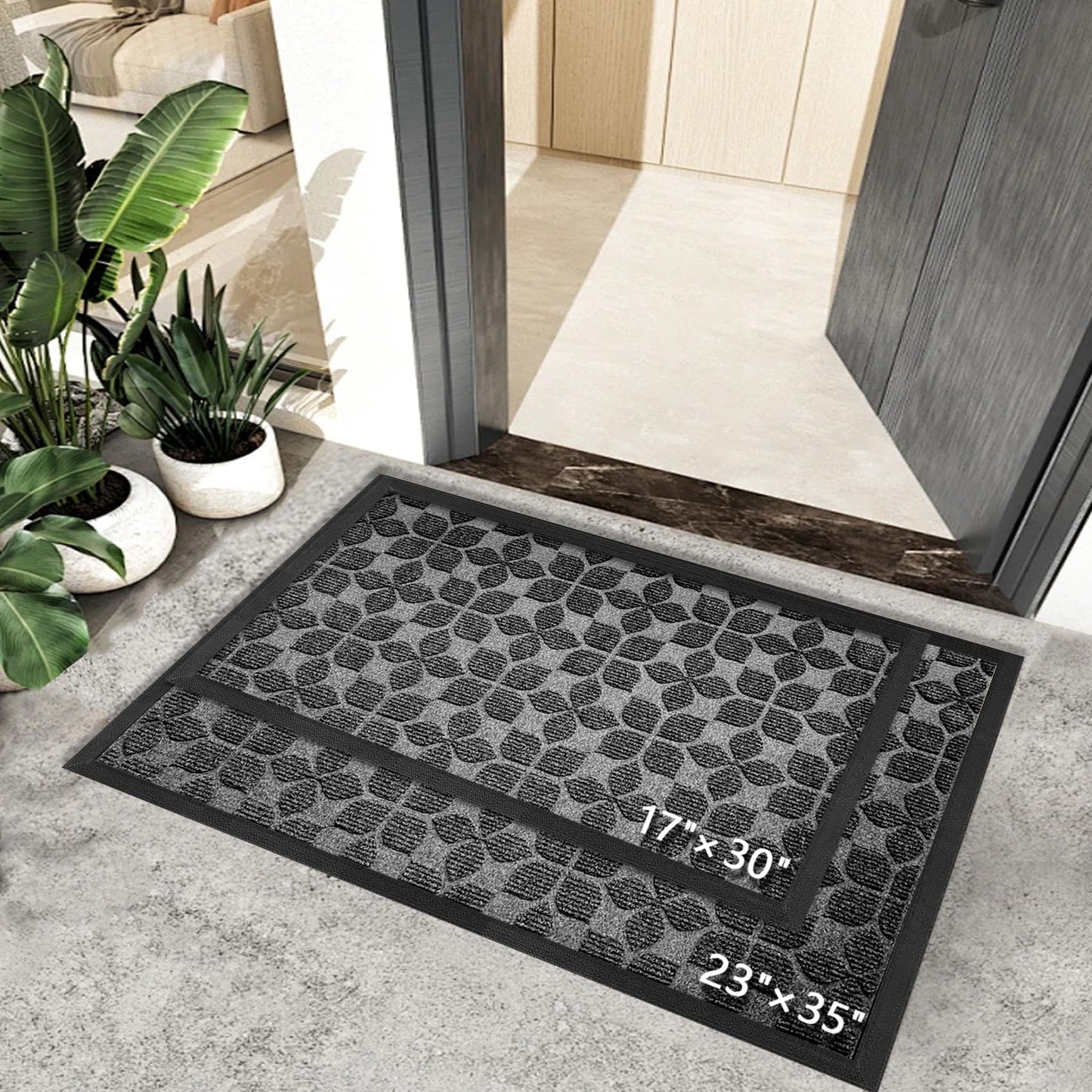 Bulijojo Sturdy Front Entrance Doormats,Durable Heavy Duty Welcome Mat,Thick Absorbent Natural Rubber Non Slip Mat,Easy Clean Entryway Mat Geometric Grey 23"x35"