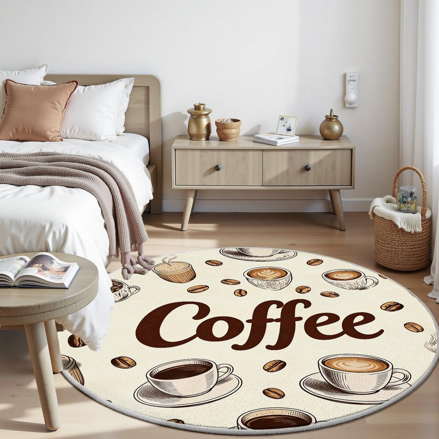 Egljss 4ft Round Rug, Coffee Bean Circle Area Rug for Living Room, Coffee Cup Round Carpet for Bedroom, Brown Farmhouse Circle Washable Rugs for Dining Table, Rugs Non Slip Kitchen