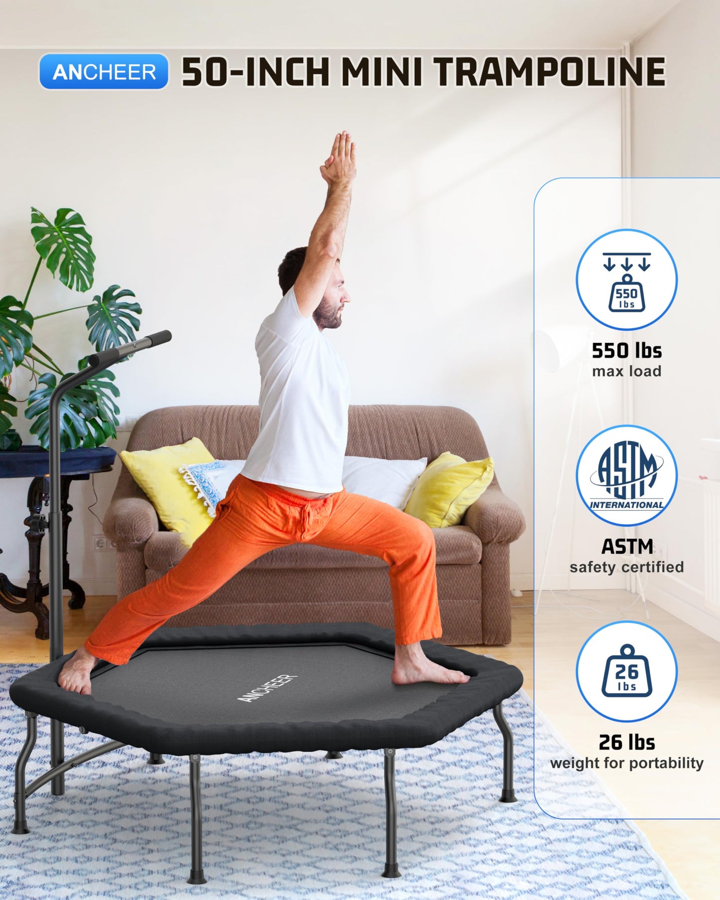 ANCHEER 50" Rebounder Trampoline for Adults- 2025 Foldable Mini Trampoline with Bar- Exercise Trampoline for Adults, Max Load 560lbs, for Indoor/Garden Workout