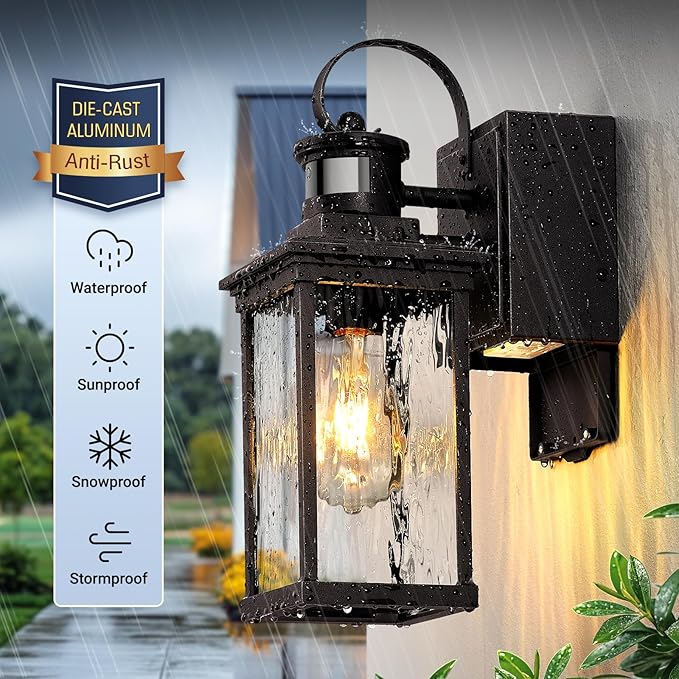 Oil-Rubbed Bronze Motion Sensor Exterior Lighting Fixtures for House with GFCI Outlet, Farmhouse Outdoor Porch Lights Wall Mount with Tempered Water-Ripple Glass, Outside Sconces for Garage