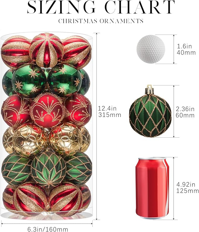 JORNOY Christmas Balls Ornaments, 30ct Shatterproof Xmas Tree Decorations, Hanging Bulbs Baubles Set with String for Holiday Home Party Decor, 2.36 inch/60mm, Red & Green & Gold