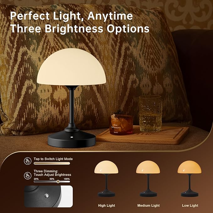 Mushroom Lamp Cordless Lamp Table Lamp,Outdoor Waterproof Shower Lamps,5000mAh Rechargeble Battery Operated Dimmable Touch Desk Lamps,LED Night Light for Bathroom Patio Camping Outdoor(Black)