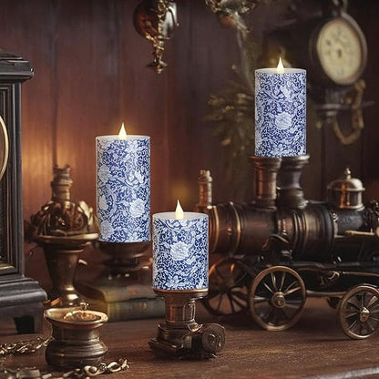 Baquler 3 Pcs Chinoiserie Flameless Pillar Candles Blue and White Floral Candles Battery Operated Decorative Porcelain LED Candlestick for Home Wedding Table Party Decoration