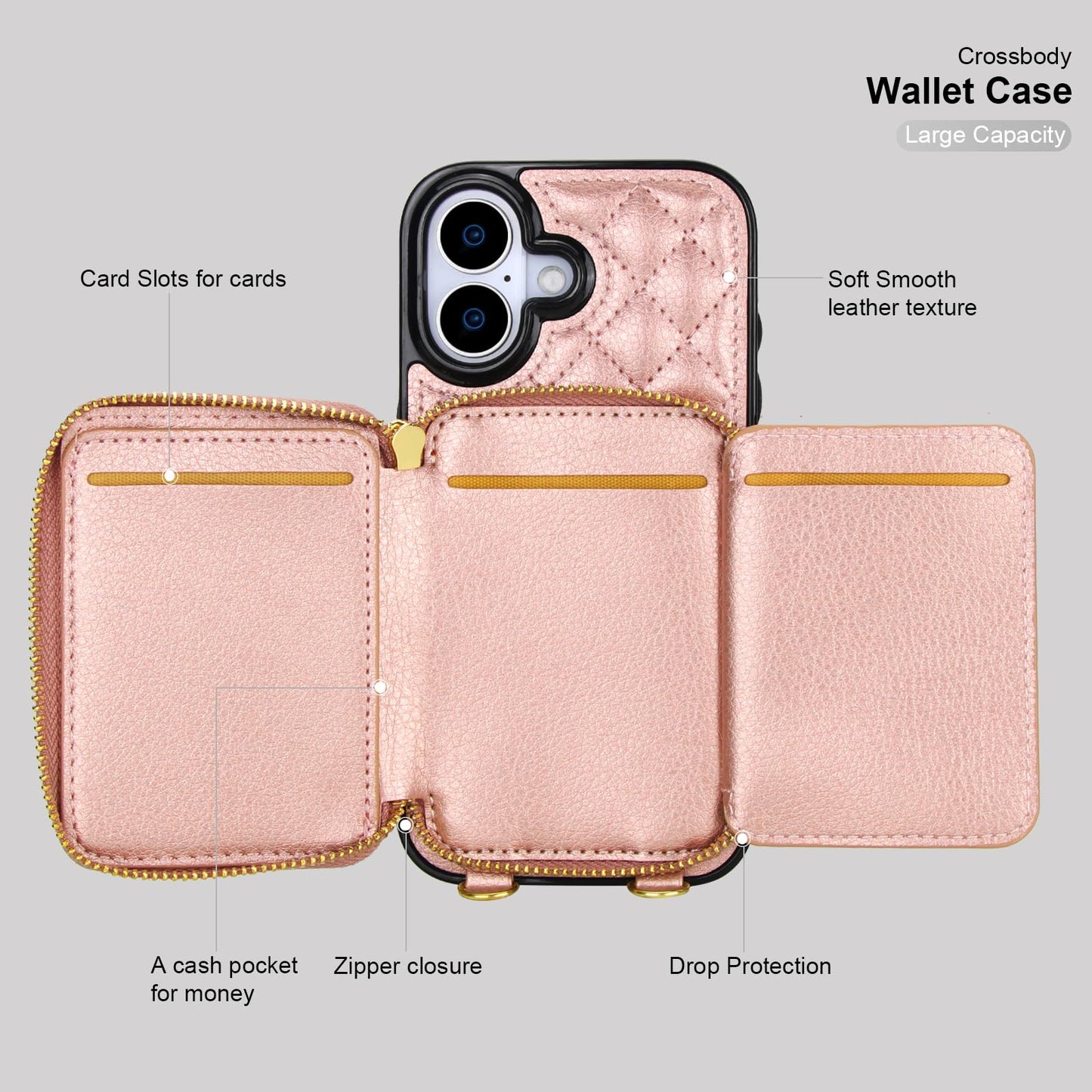 Bocasal Crossbody Wallet Case for iPhone 17, RFID Blocking PU Leather Zipper Handbag Purse Flip Cover, Kickstand Folio Case with Card Slots Holder Wrist Strap Lanyard 5G 6.3 Inch (Rose Gold)