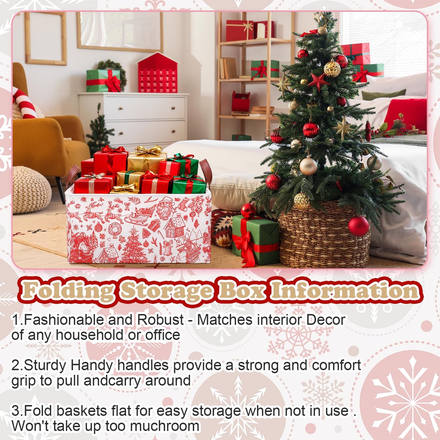 Boao 3 Pcs Christmas Foldable Storage Bins Red Black Plaid Laundry Basket with Handles Waterproof Elk Santa Claus Fabric Shelf Baskets for Organizing Closet Clothes